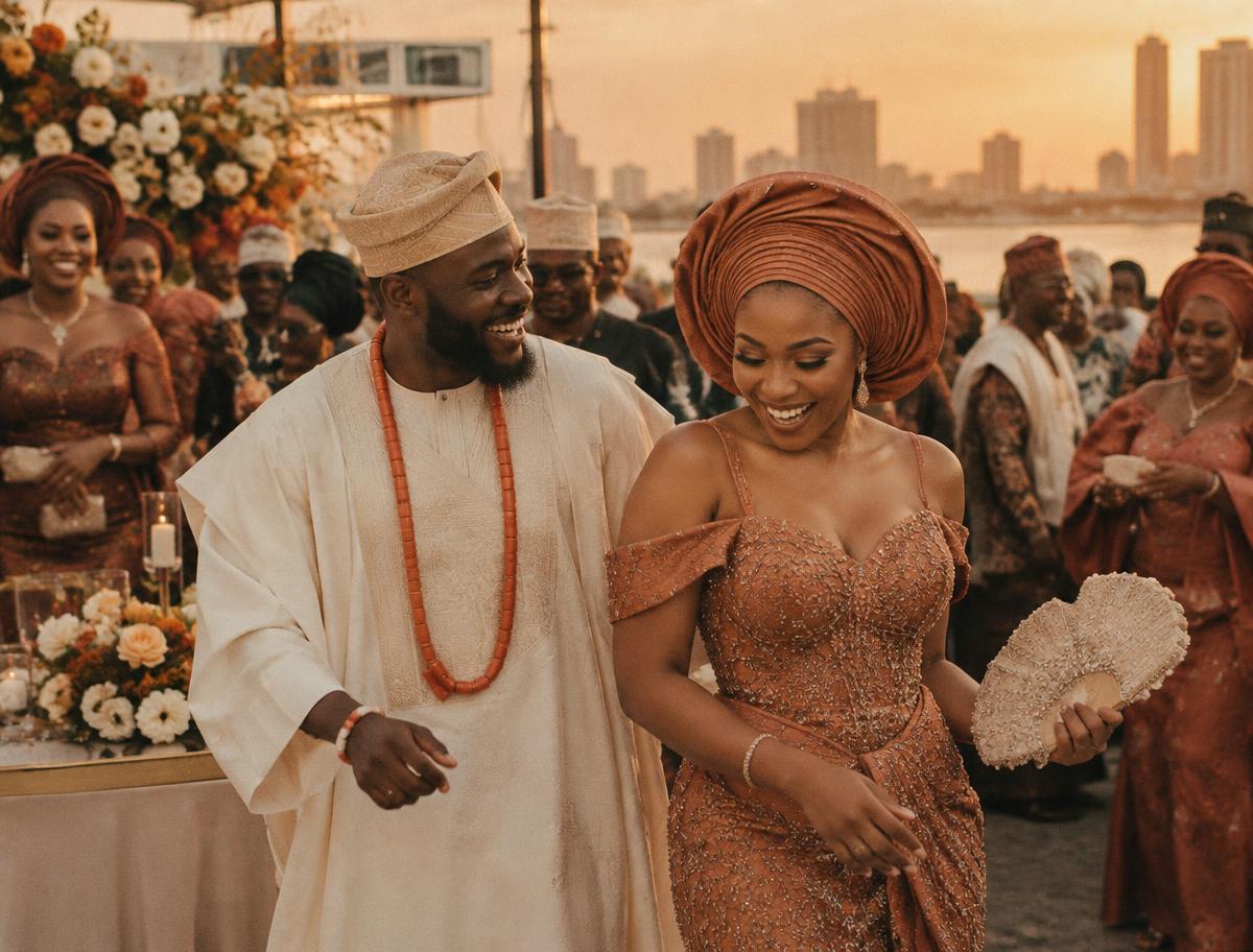 A joyful couple celebrating with their wedding guests